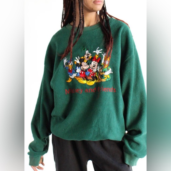 Vintage Sweaters - DISNEY VINTAGE 90s MICKEY AND FRIENDS crewneck fleece sweater green embroidered
